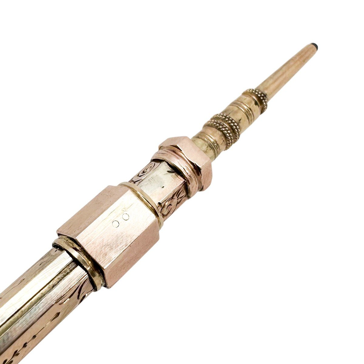 Victorian 9ct Rose Gold Agate Seal Top Hexagonal Propelling Pencil, Engraved With Flowers-photo-2