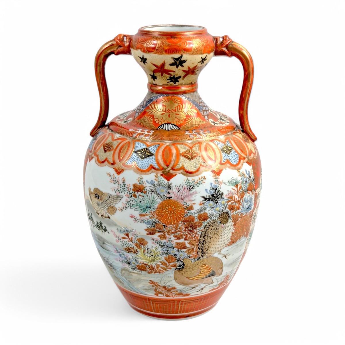 Rare Kutani Porcelain Vase With Quails And Lakeside Scene, Japan Meiji Period C. 1890-photo-4