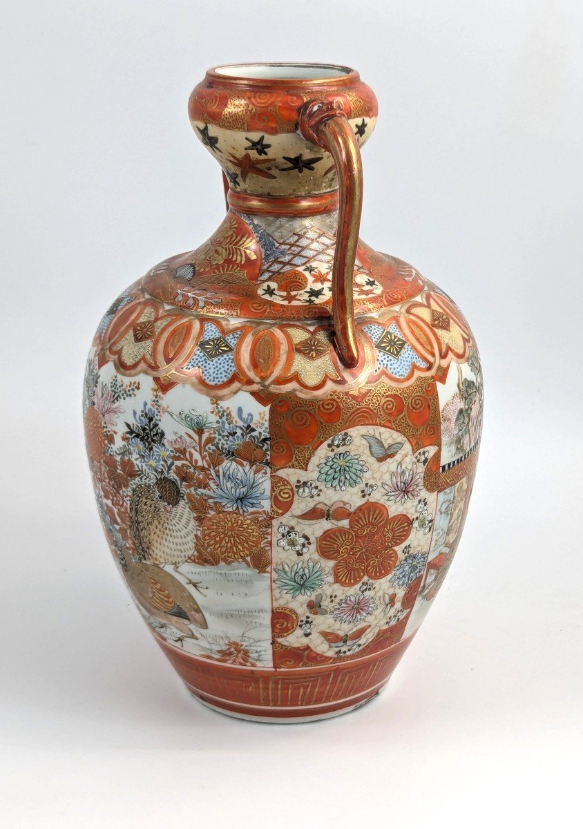 Rare Kutani Porcelain Vase With Quails And Lakeside Scene, Japan Meiji Period C. 1890-photo-1