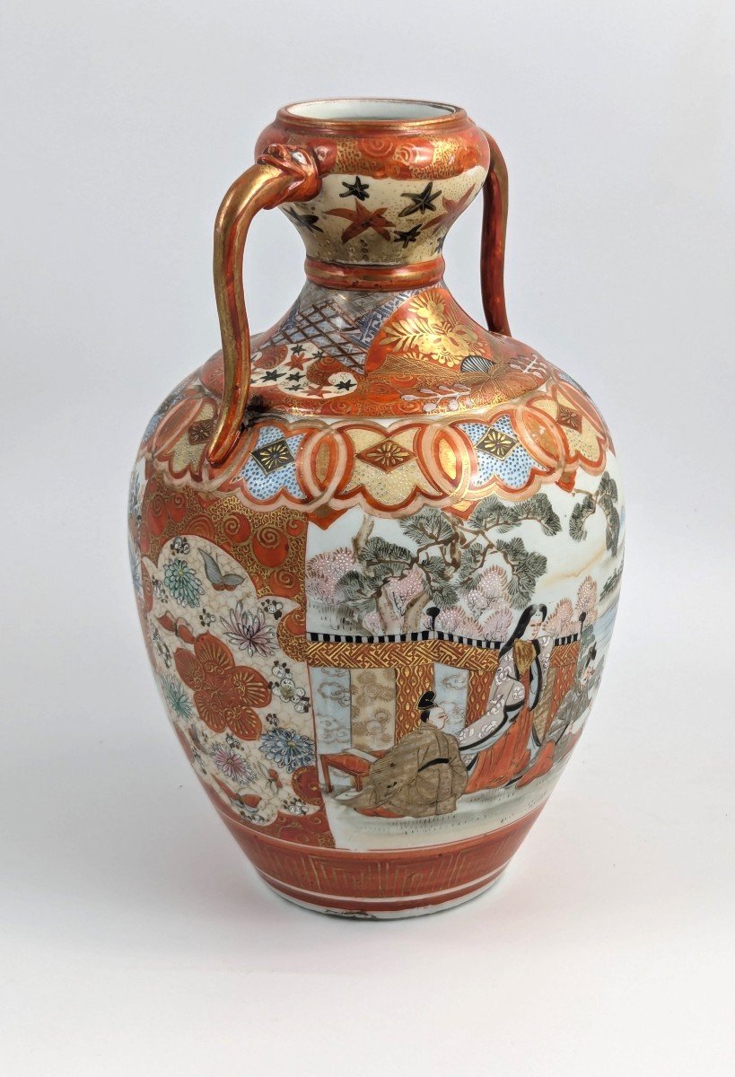 Rare Kutani Porcelain Vase With Quails And Lakeside Scene, Japan Meiji Period C. 1890-photo-2