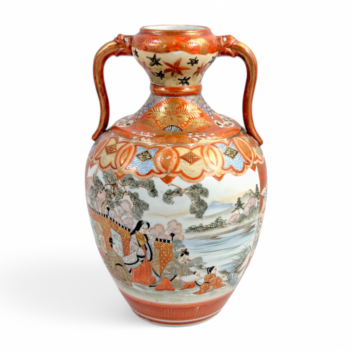 Rare Kutani Porcelain Vase With Quails And Lakeside Scene, Japan Meiji Period C. 1890