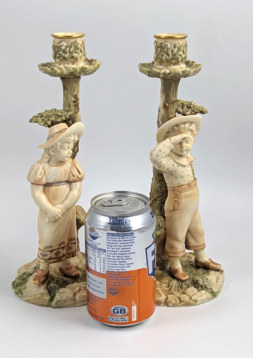 Rare Royal Worcester Porcelain Candlesticks Of Boy And Girl By James Hadley, 1887-photo-3