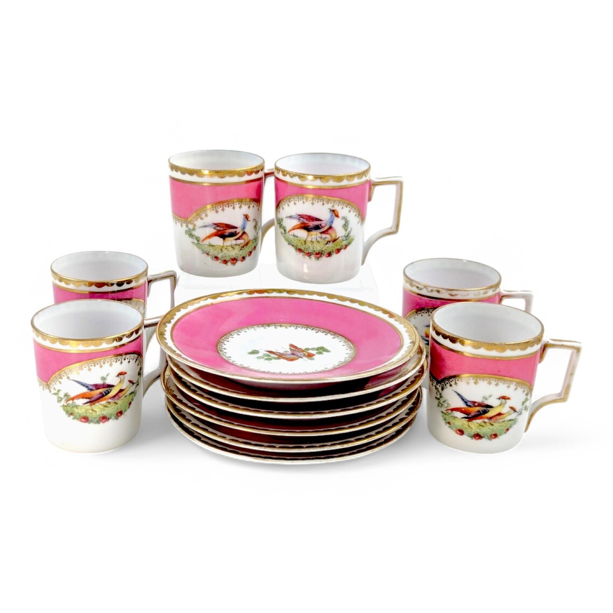 Rare service à café en porcelaine Victoria Austria pour 6 personnes, style Chelsea, rose et or-photo-2