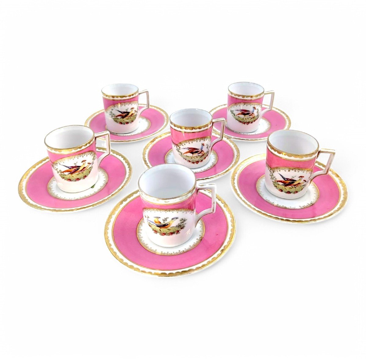 Rare service à café en porcelaine Victoria Austria pour 6 personnes, style Chelsea, rose et or
