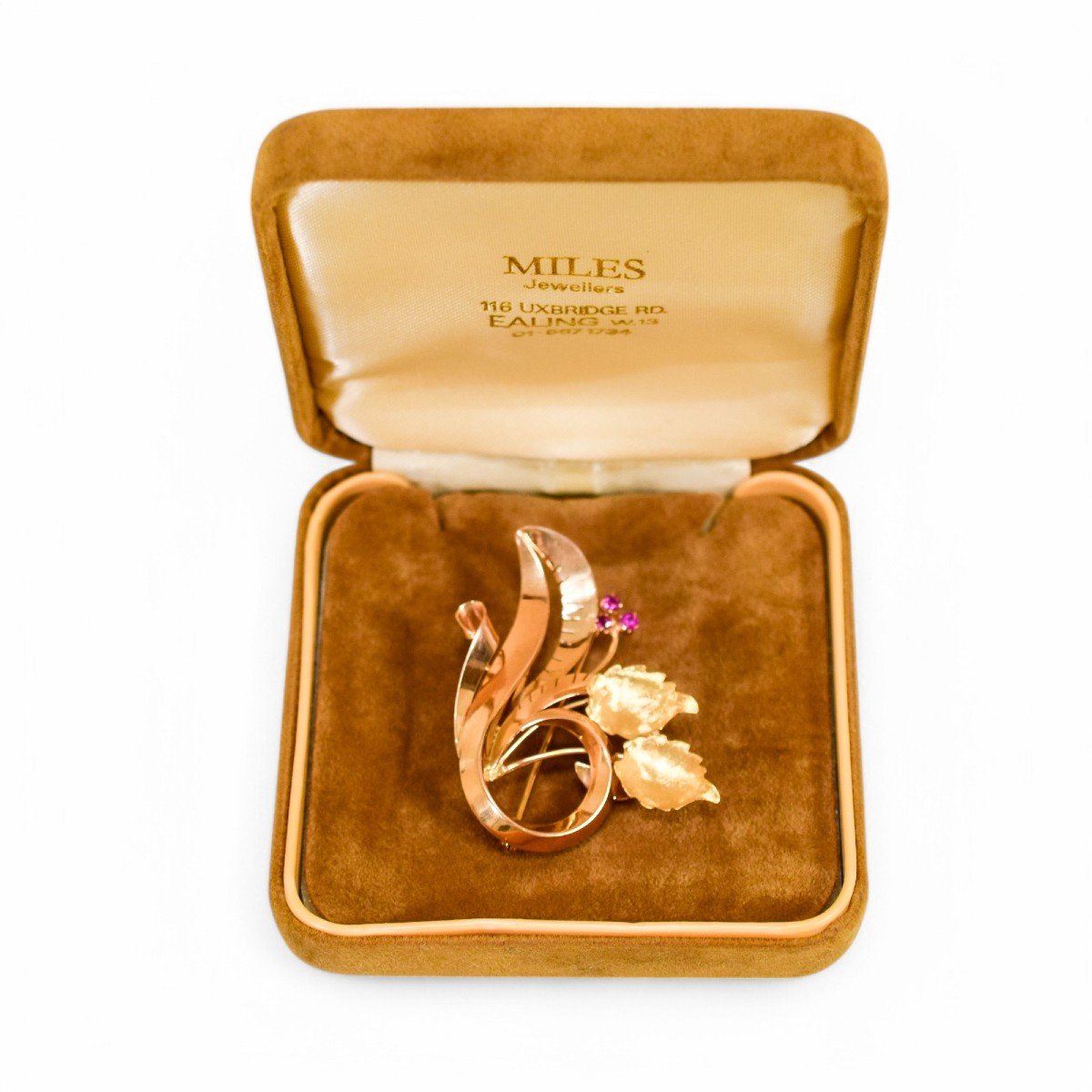 Broche Vintage 1960 Varese Italienne 18ct Or Floral, Saphirs Roses, Boîte Incluse-photo-2
