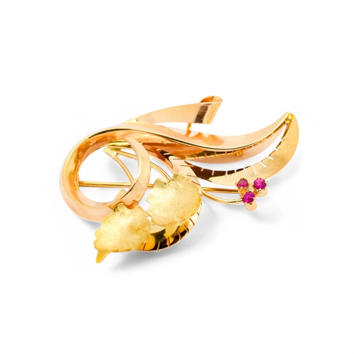 Broche Vintage 1960 Varese Italienne 18ct Or Floral, Saphirs Roses, Boîte Incluse-photo-1