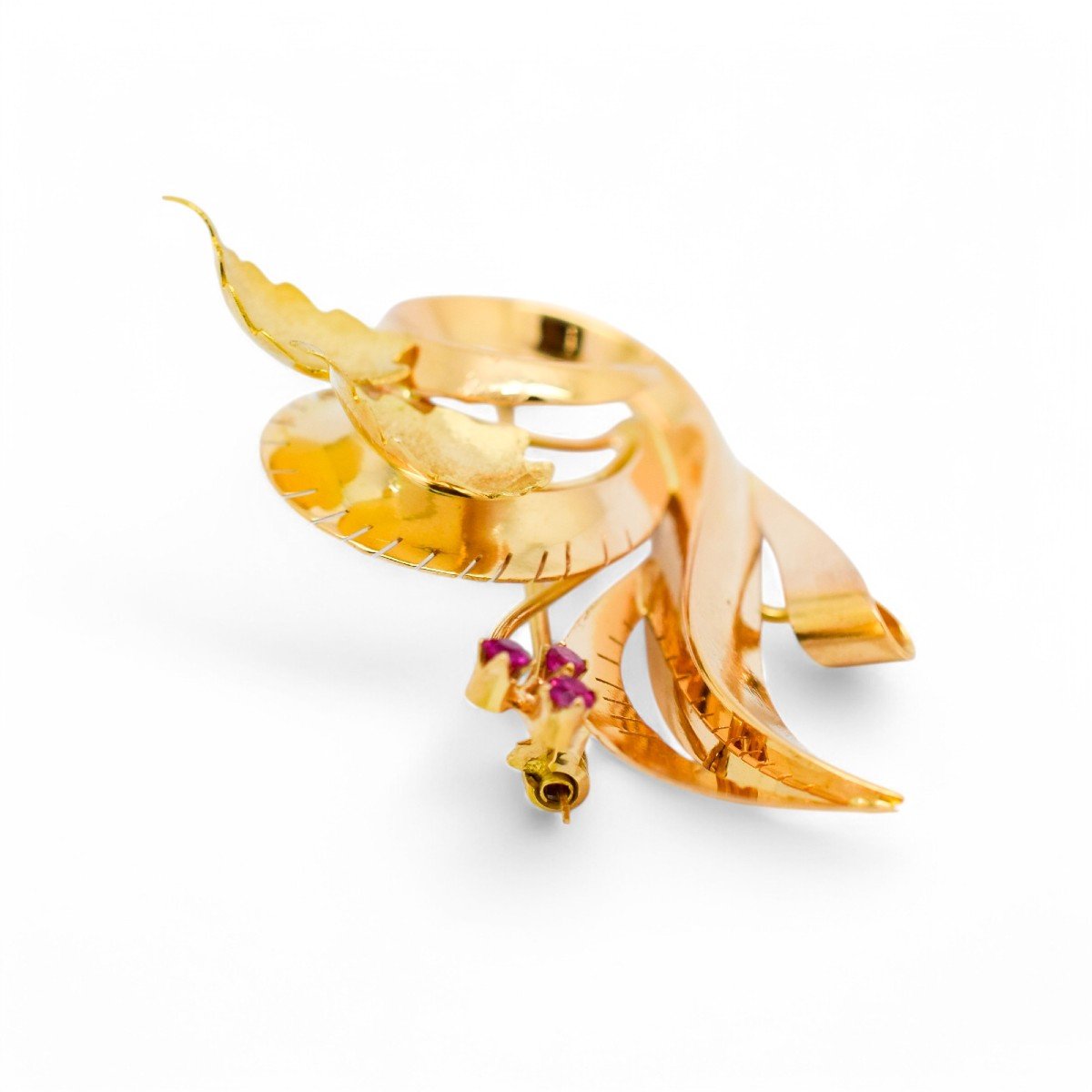 Broche Vintage 1960 Varese Italienne 18ct Or Floral, Saphirs Roses, Boîte Incluse-photo-2