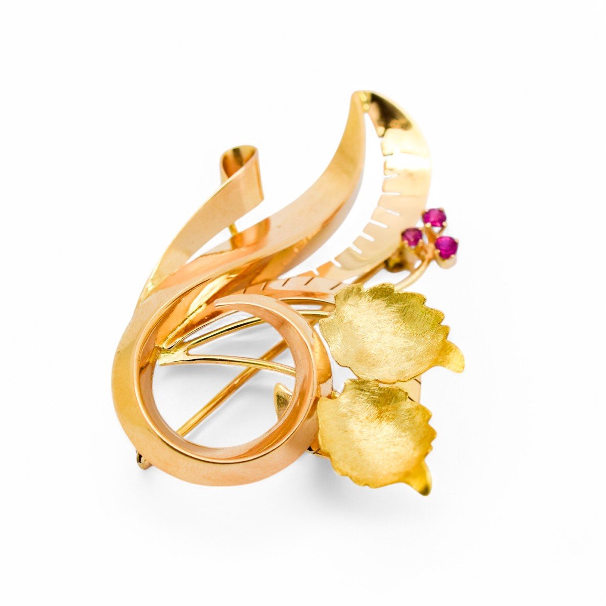 Broche Vintage 1960 Varese Italienne 18ct Or Floral, Saphirs Roses, Boîte Incluse