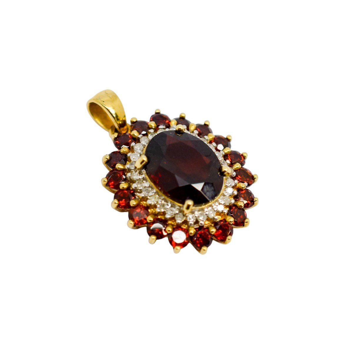 Pendentif Vintage En Or 9 Ct Avec Grenat Ovale, Halo De Diamants Et Grappe De Grenats-photo-2