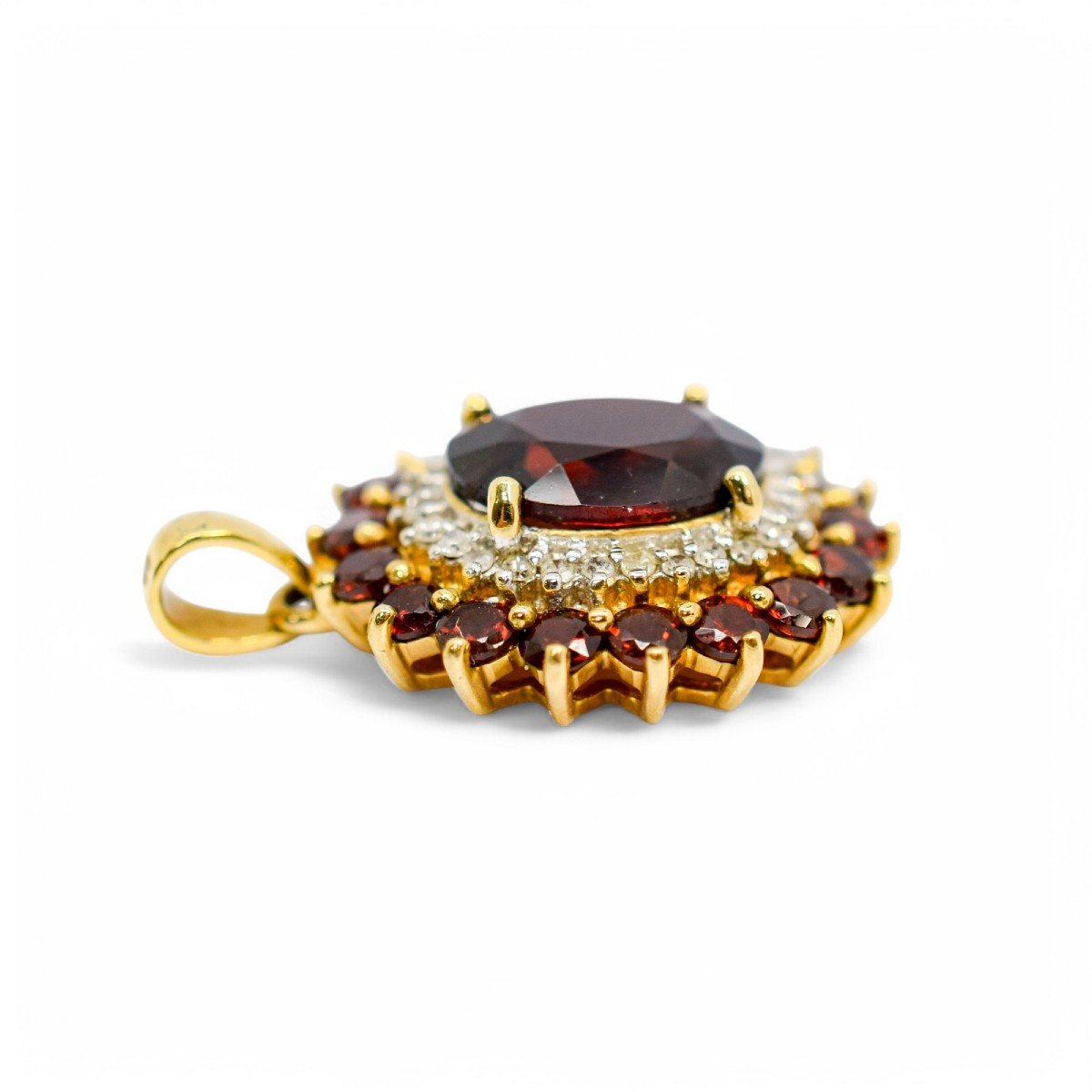 Pendentif Vintage En Or 9 Ct Avec Grenat Ovale, Halo De Diamants Et Grappe De Grenats-photo-3