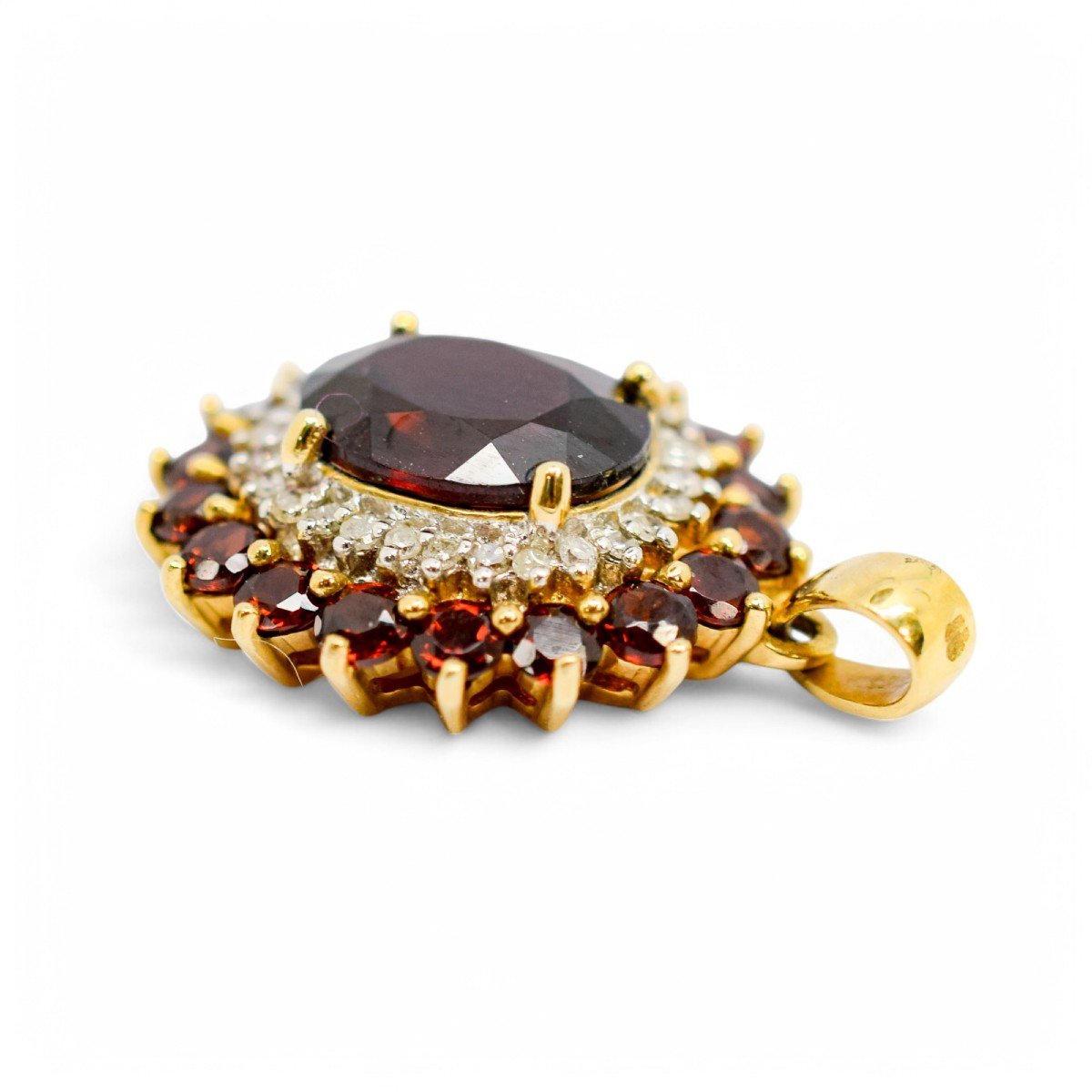 Pendentif Vintage En Or 9 Ct Avec Grenat Ovale, Halo De Diamants Et Grappe De Grenats-photo-4