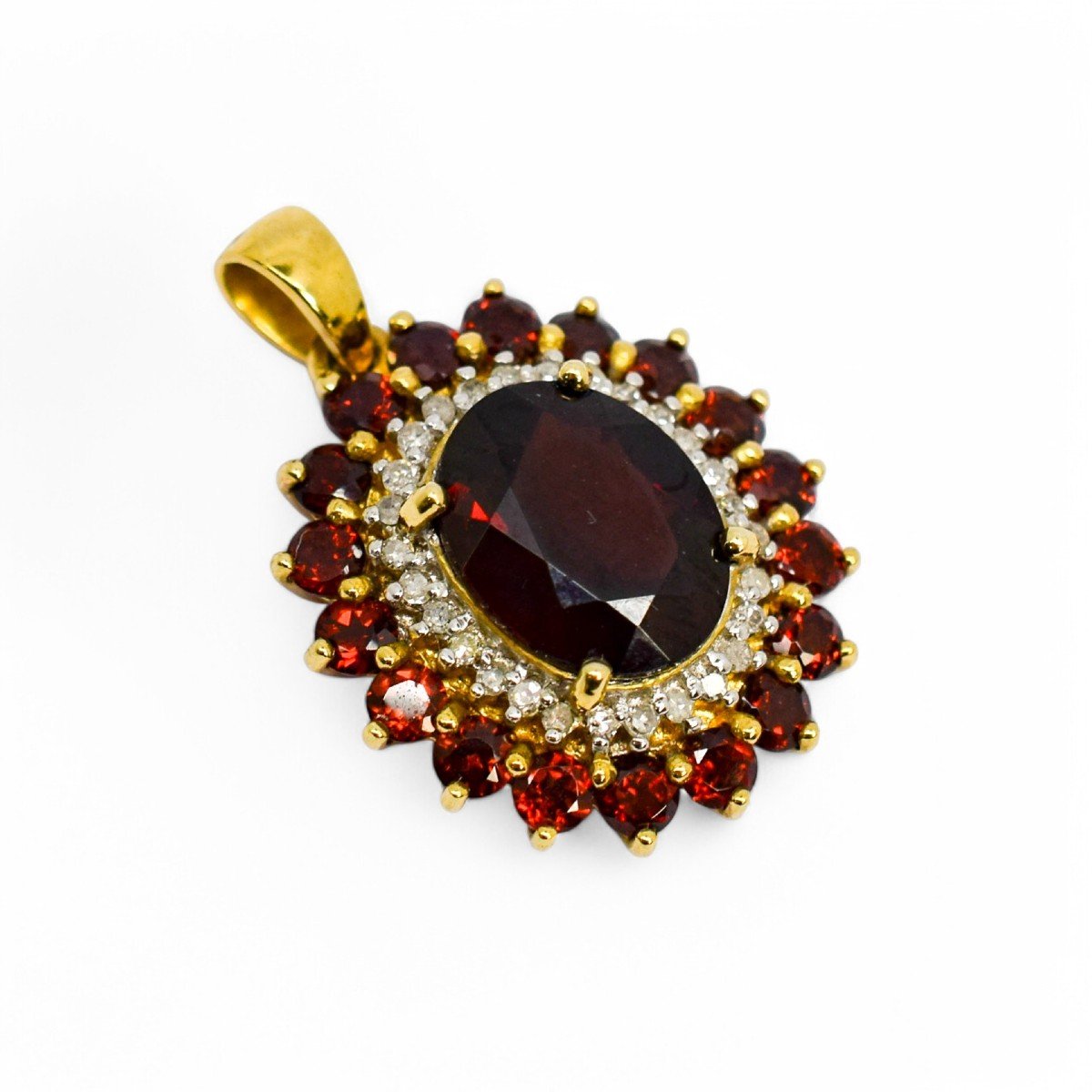 Pendentif Vintage En Or 9 Ct Avec Grenat Ovale, Halo De Diamants Et Grappe De Grenats-photo-4