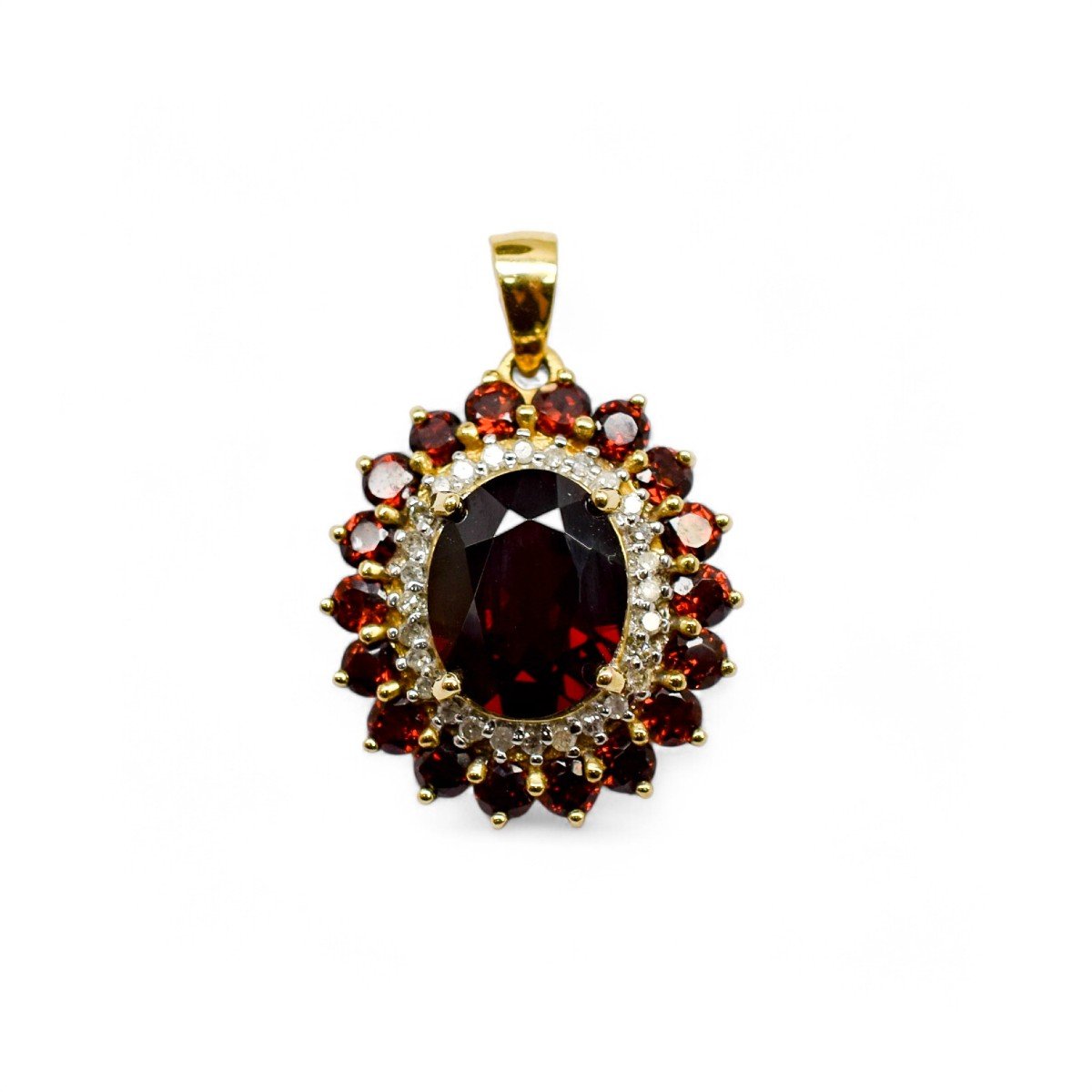 Pendentif Vintage En Or 9 Ct Avec Grenat Ovale, Halo De Diamants Et Grappe De Grenats