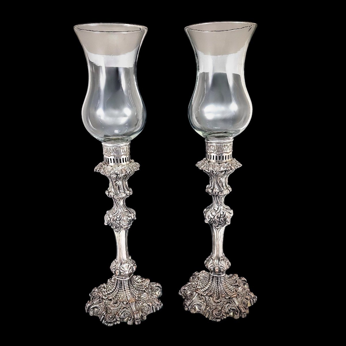Bougeoirs Hauts En Old Sheffield Plate Des Années 1790 Avec Globes En Verre Tempête-photo-4