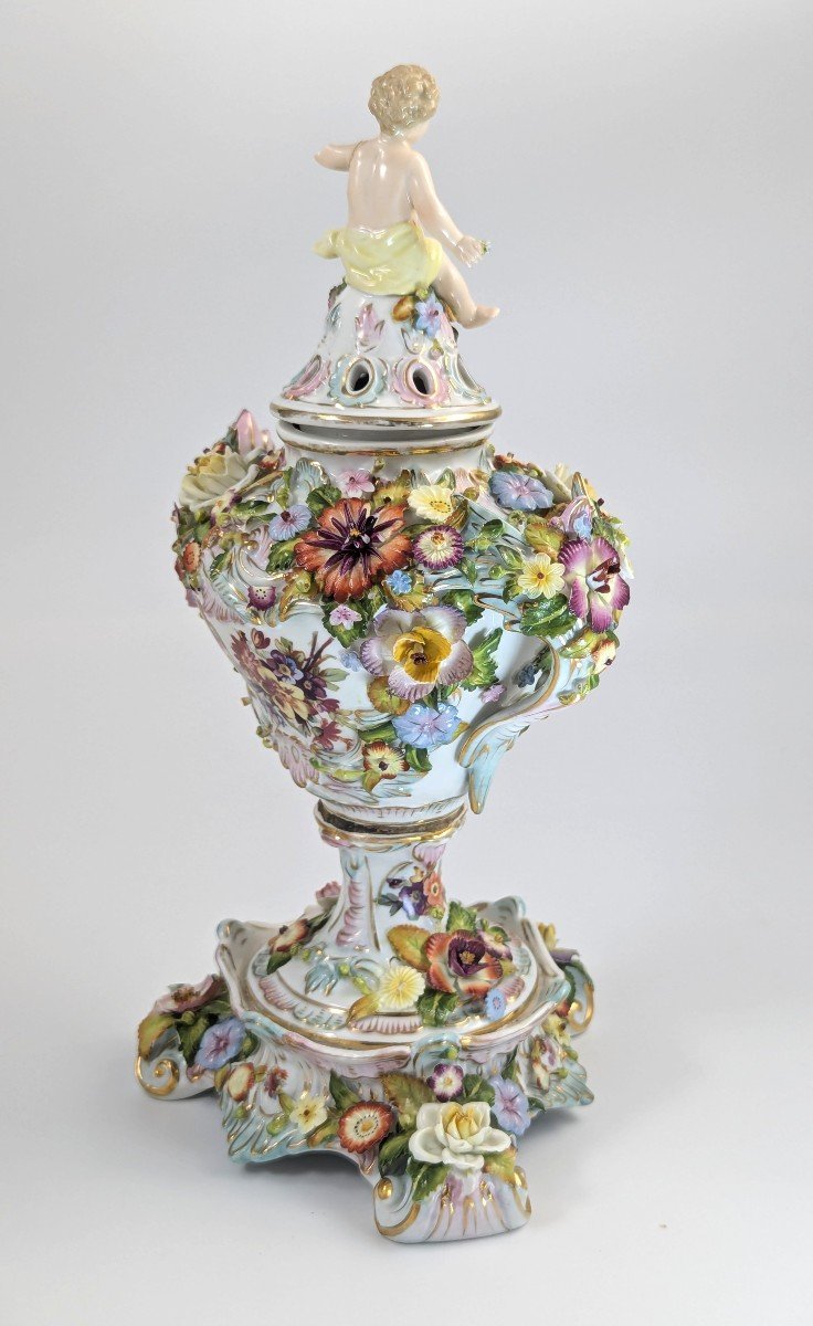 Very Rare Luxury Sitzendorf Potpourri Vase, C. 1885-photo-2