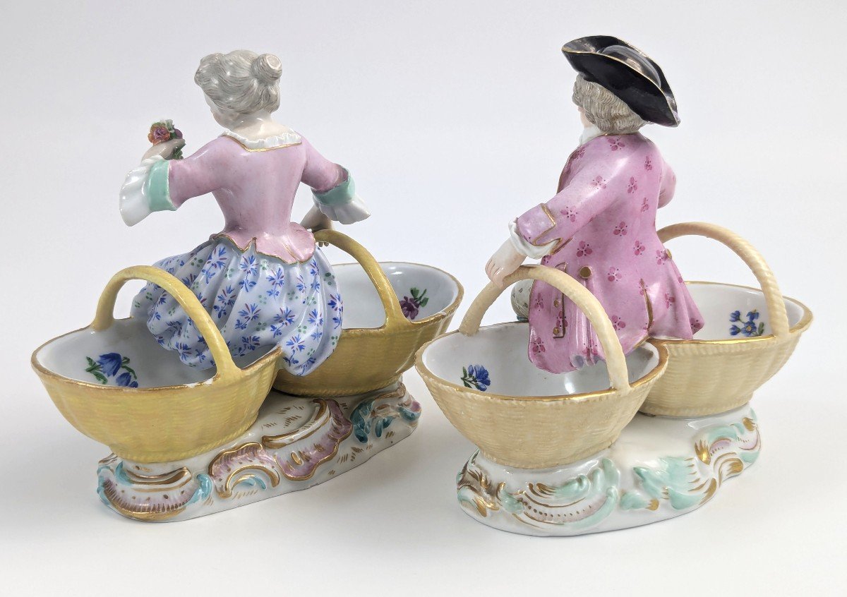 Meissen Antique Porcelain Pair Of Figural Double Salt Cellars With Boy And Girl, Rococo, C 1830-photo-3