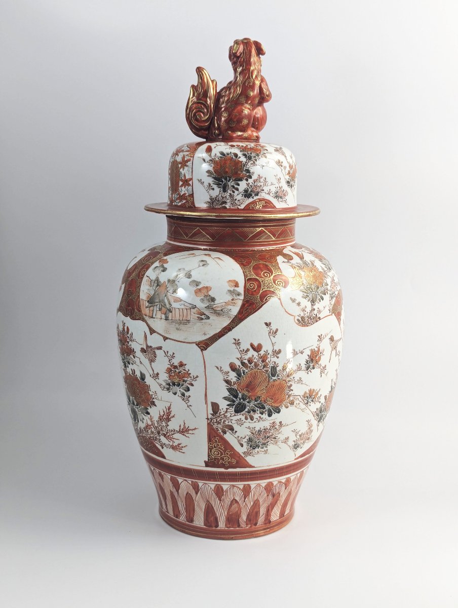 Grand vase antique en porcelaine Kutani avec couvercle, période Meiji, couvercle Foo Dog, 42 cm-photo-4