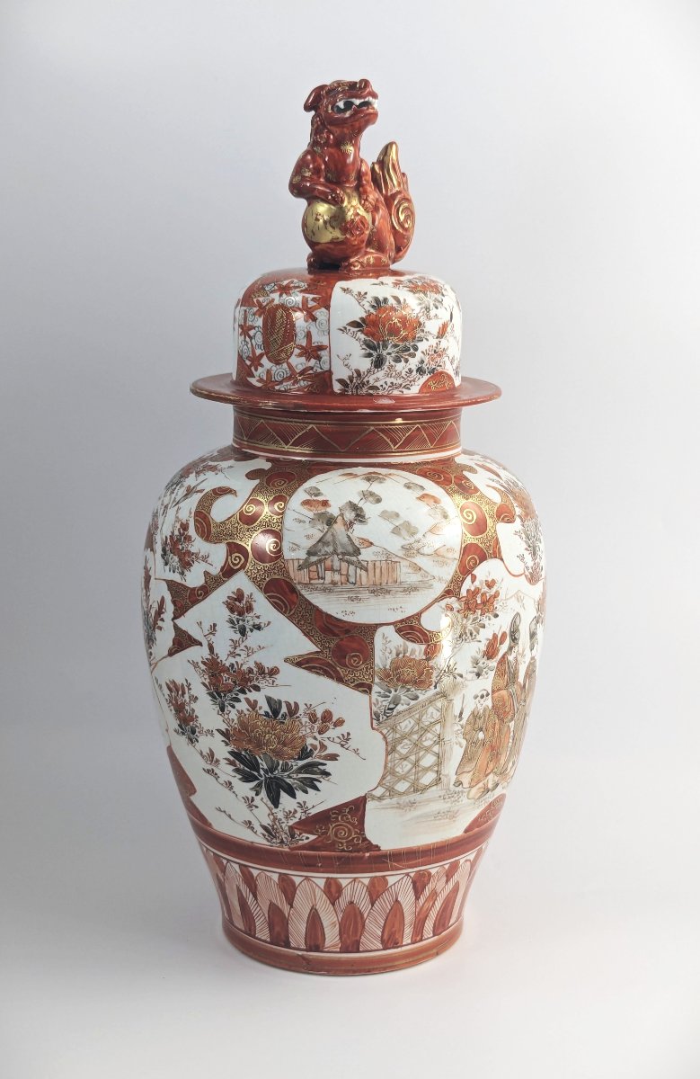 Grand vase antique en porcelaine Kutani avec couvercle, période Meiji, couvercle Foo Dog, 42 cm-photo-3