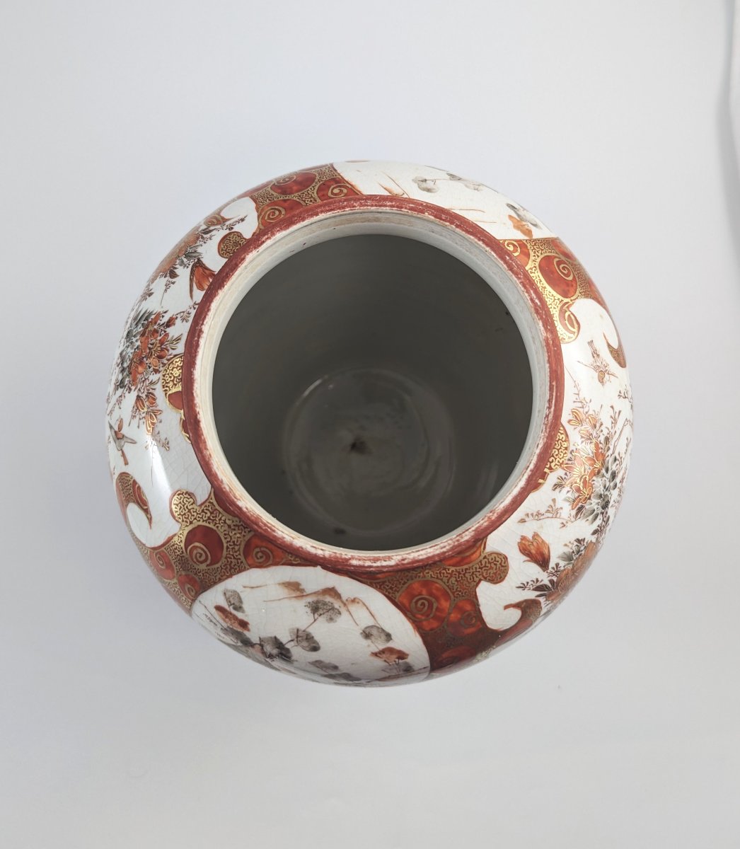 Grand vase antique en porcelaine Kutani avec couvercle, période Meiji, couvercle Foo Dog, 42 cm-photo-4
