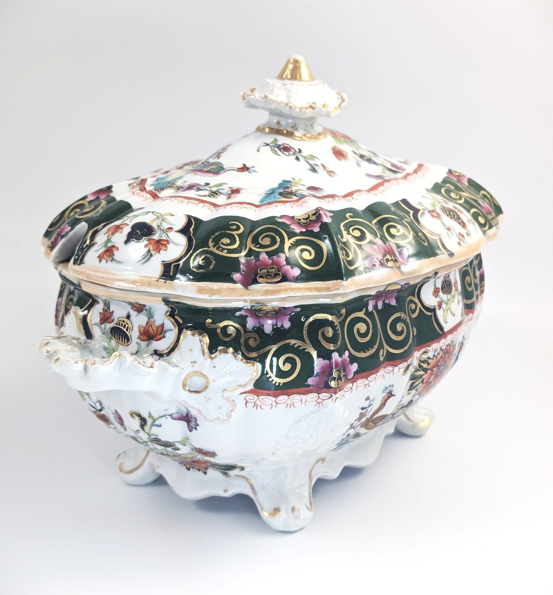 Soupière ancienne Mason avec couvercle, grand format, Chinoiserie Famille Verte, paons, 1830-photo-3