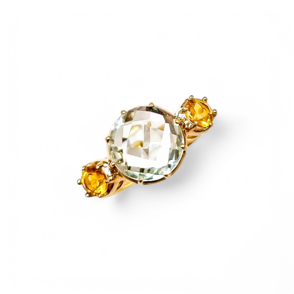 Bague en or jaune 9 ct à trois pierres prasiolite et citrine, améthyste verte, 54 mm-photo-2