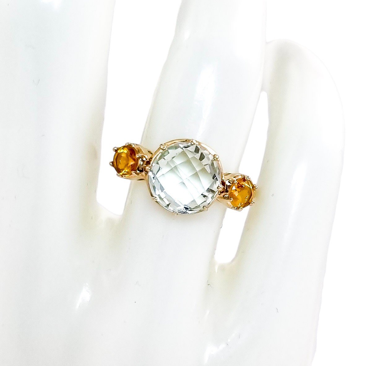 Bague en or jaune 9 ct à trois pierres prasiolite et citrine, améthyste verte, 54 mm-photo-3