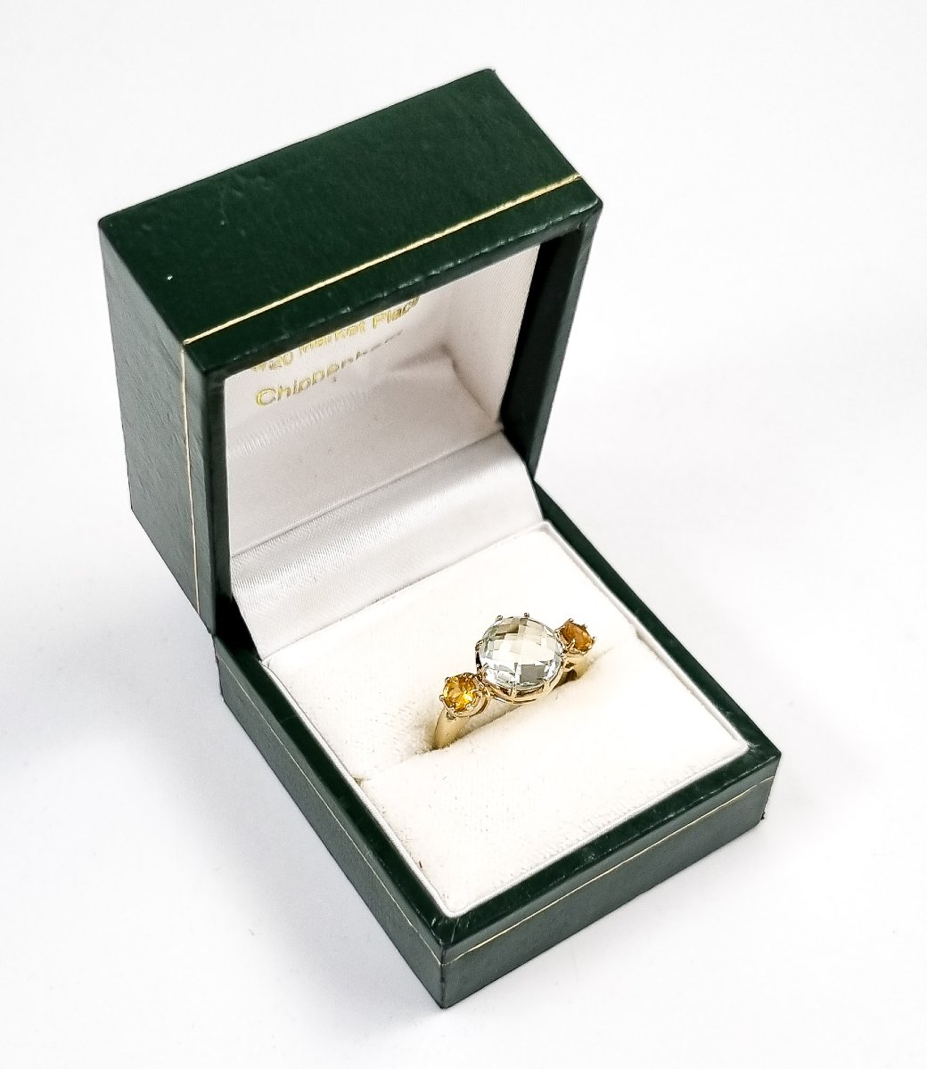 Bague en or jaune 9 ct à trois pierres prasiolite et citrine, améthyste verte, 54 mm-photo-4