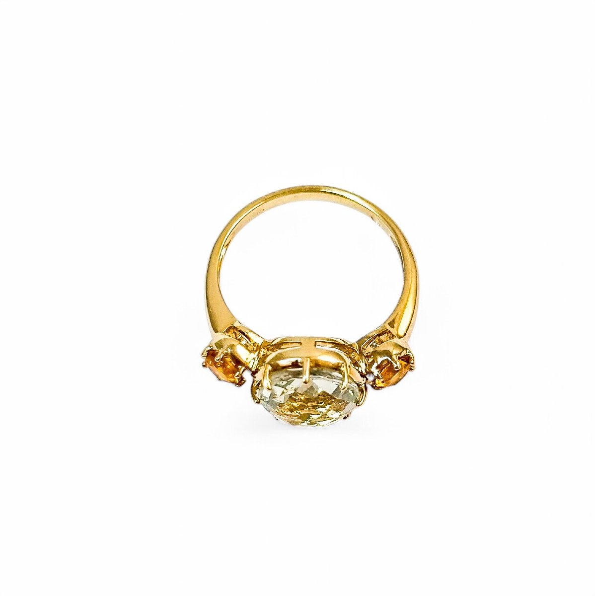 Bague en or jaune 9 ct à trois pierres prasiolite et citrine, améthyste verte, 54 mm-photo-2