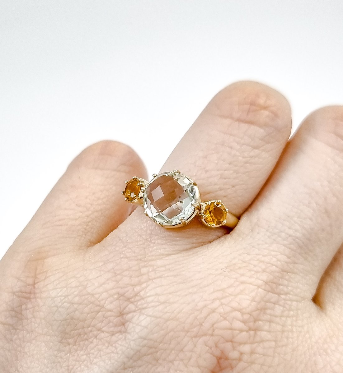 Bague en or jaune 9 ct à trois pierres prasiolite et citrine, améthyste verte, 54 mm-photo-5