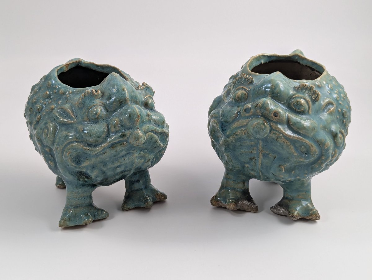 Paire De Crapauds Chinois à Trois Pattes En Grès De Shiwan, Dynastie Qing, Glaçure Céladon-photo-2