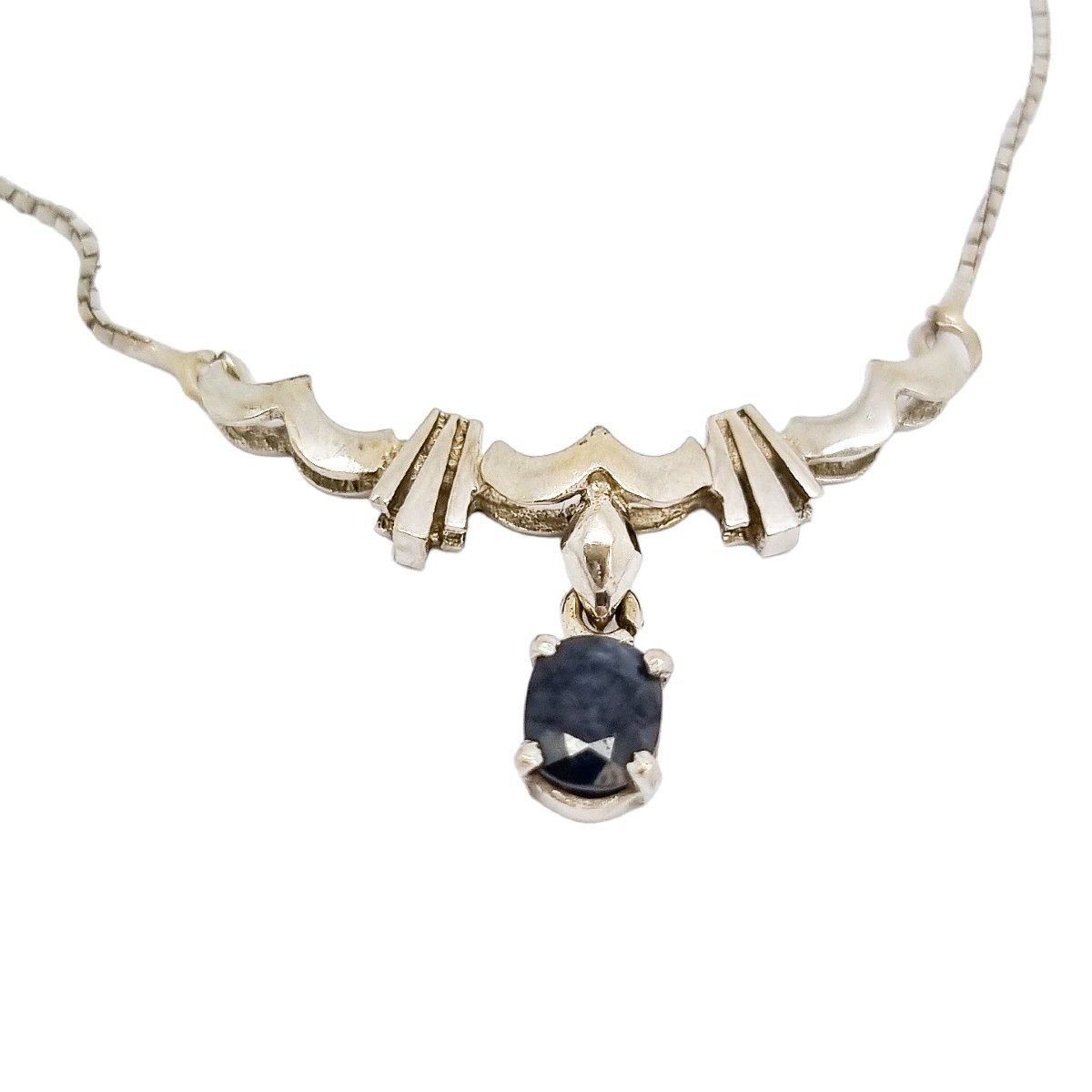 Collier Italien En Or Blanc 18 Carats Avec Saphir, Centre Cannelé Et Chaîne Vénitienne, 0,5 Ct-photo-3