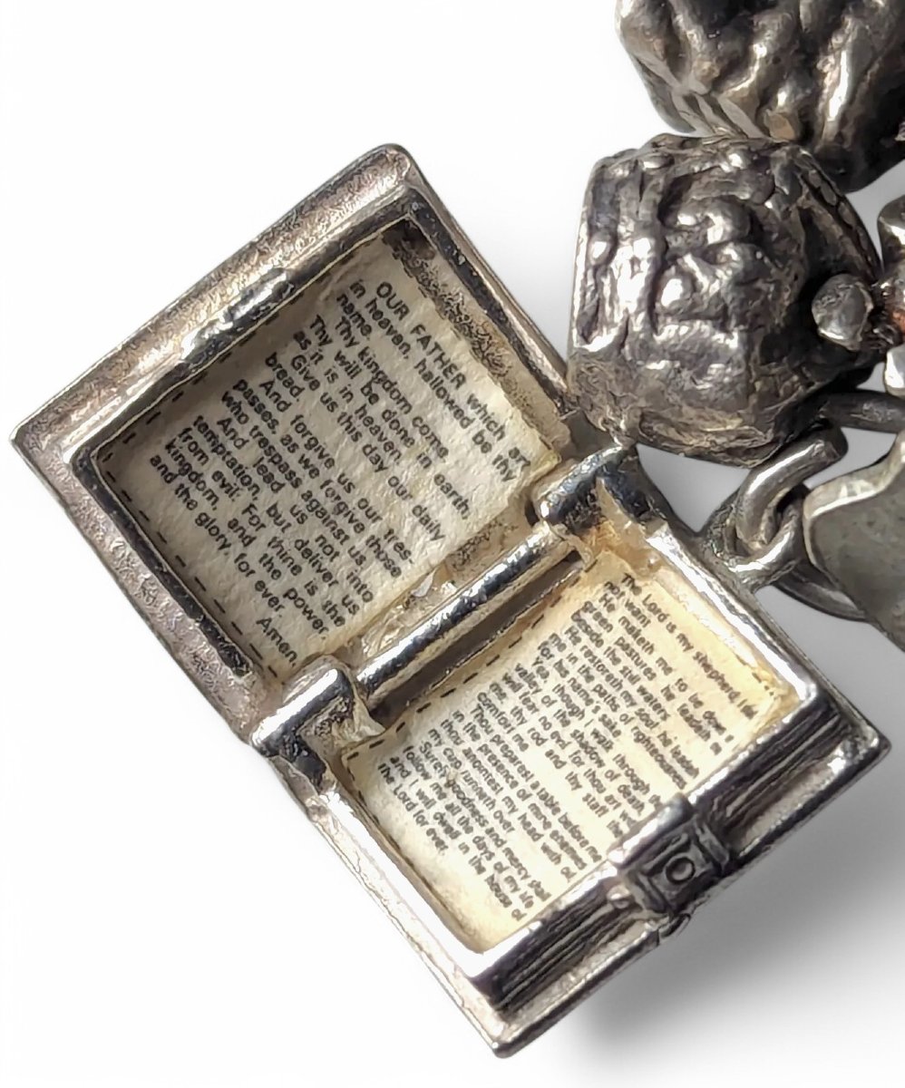 Vintage Sterling Silver Charm Bracelet With Bible And Windmill, 18 Sculpted Charms, C. 1950s-photo-1