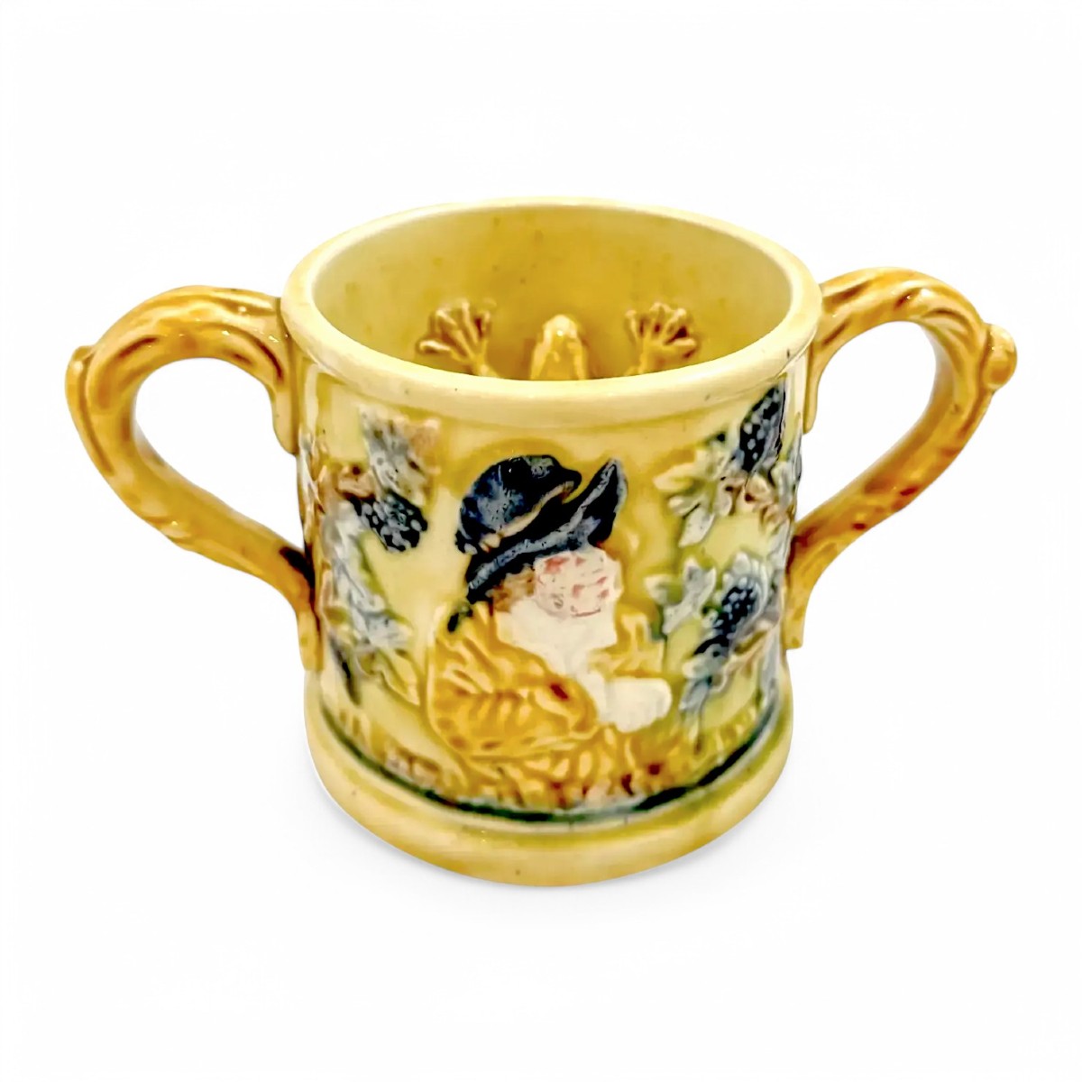 Tasse grenouille en majolique de Staffordshire, scène de taverne "Jolly Topers", vers 1860s