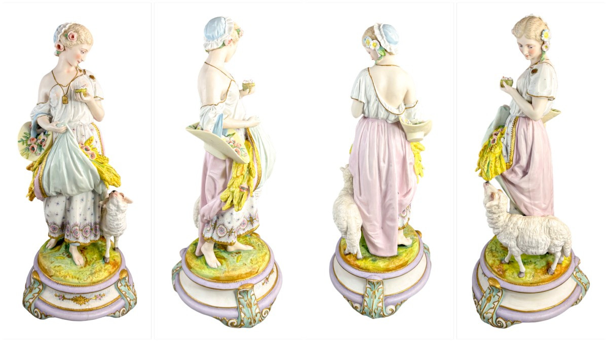 Rare paire monumentale de sculptures en biscuit Vion & Baury, 60 cm, thème pastoral, vers 1870s-photo-3