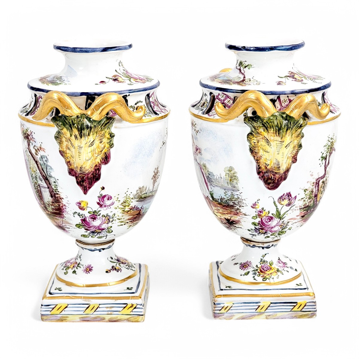 Veuve Perrin Pair Of French Faience Urns, Pastoral Scenes And Gilt Ram’s Head Handles, 18th C-photo-2