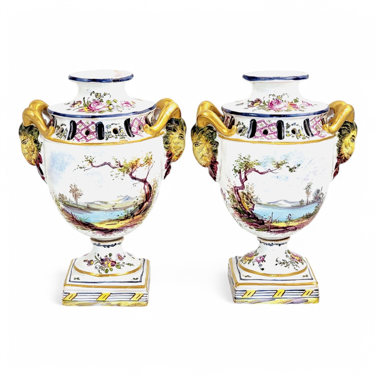 Veuve Perrin Pair Of French Faience Urns, Pastoral Scenes And Gilt Ram’s Head Handles, 18th C-photo-3