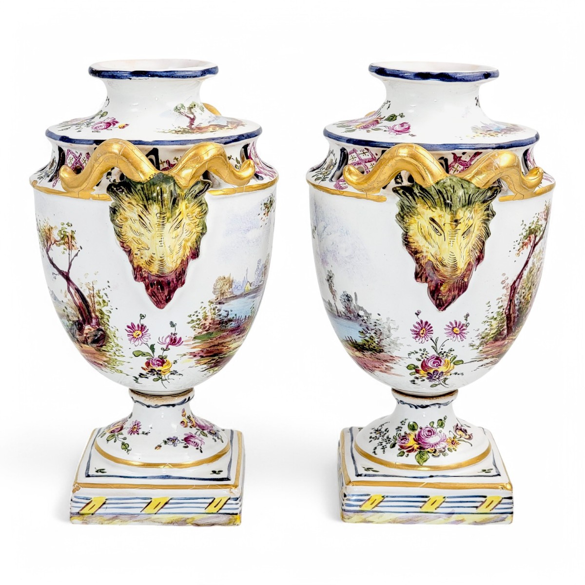 Veuve Perrin Pair Of French Faience Urns, Pastoral Scenes And Gilt Ram’s Head Handles, 18th C-photo-4