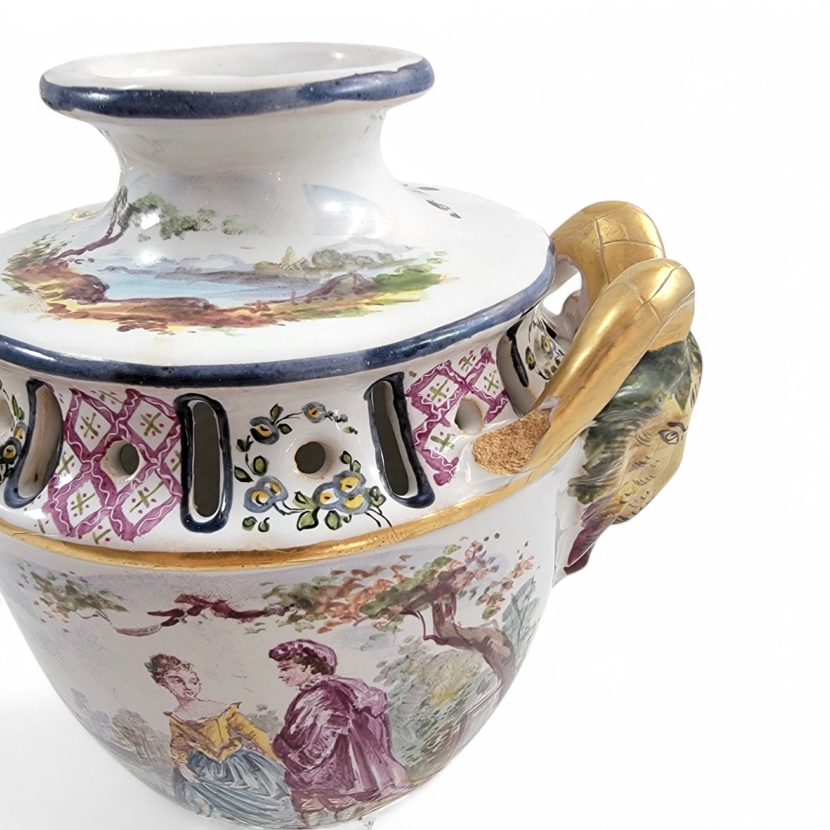Veuve Perrin Pair Of French Faience Urns, Pastoral Scenes And Gilt Ram’s Head Handles, 18th C-photo-4