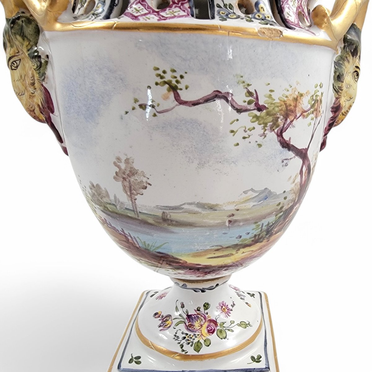 Veuve Perrin Pair Of French Faience Urns, Pastoral Scenes And Gilt Ram’s Head Handles, 18th C-photo-6
