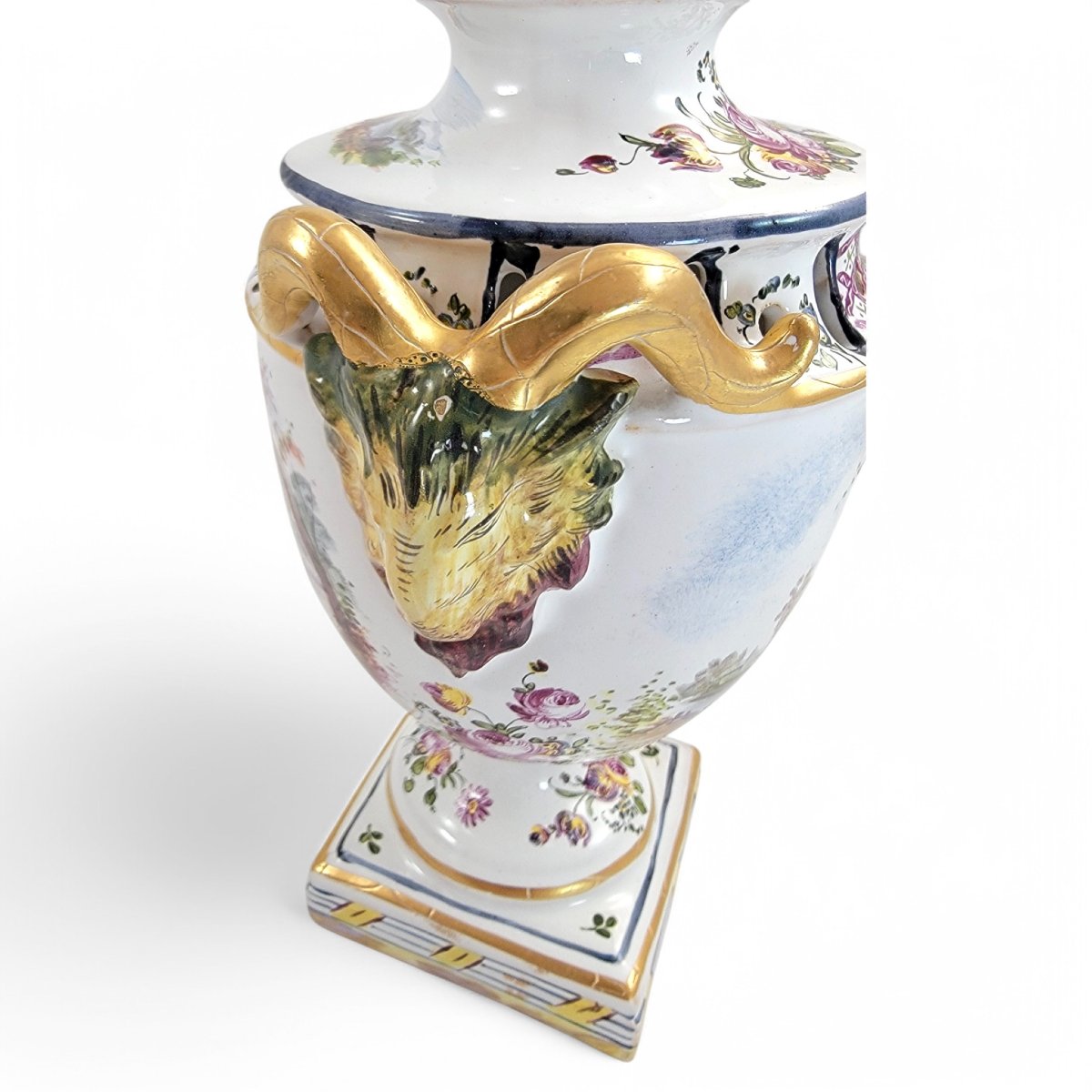 Veuve Perrin Pair Of French Faience Urns, Pastoral Scenes And Gilt Ram’s Head Handles, 18th C-photo-7