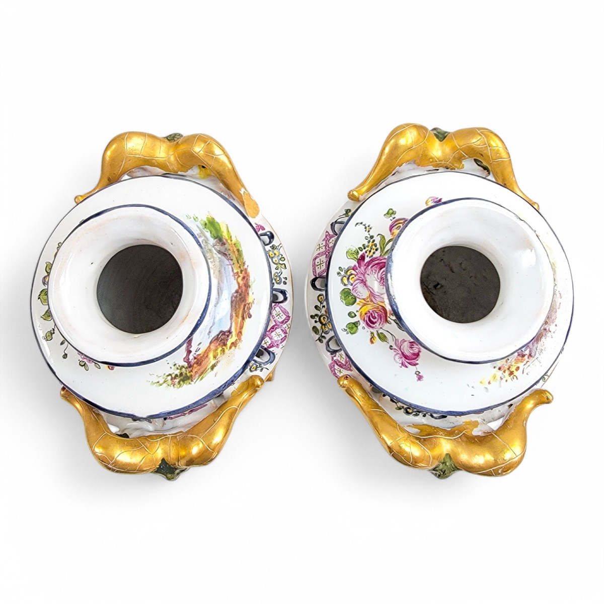 Veuve Perrin Pair Of French Faience Urns, Pastoral Scenes And Gilt Ram’s Head Handles, 18th C-photo-1