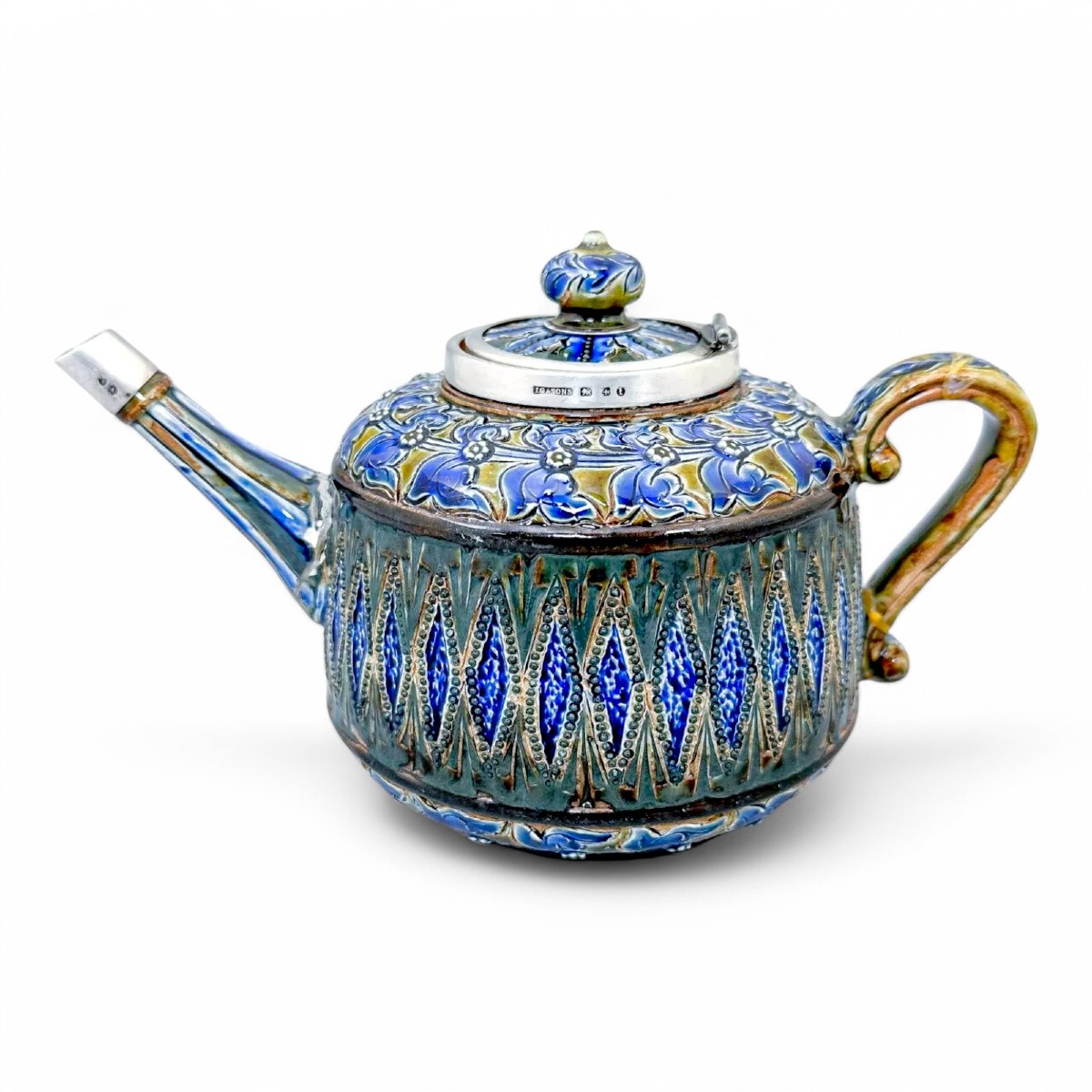 Doulton Lambeth Stoneware Teapot With Sterling Silver Mounts, Art Pottery Movement England 1880-photo-2