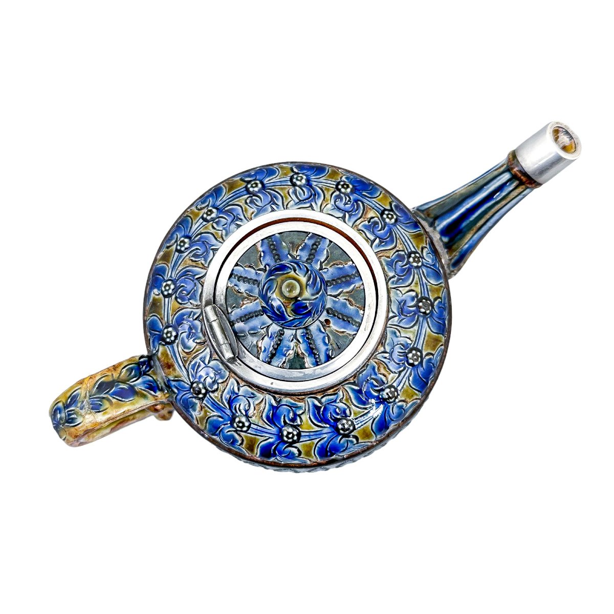 Doulton Lambeth Stoneware Teapot With Sterling Silver Mounts, Art Pottery Movement England 1880-photo-3