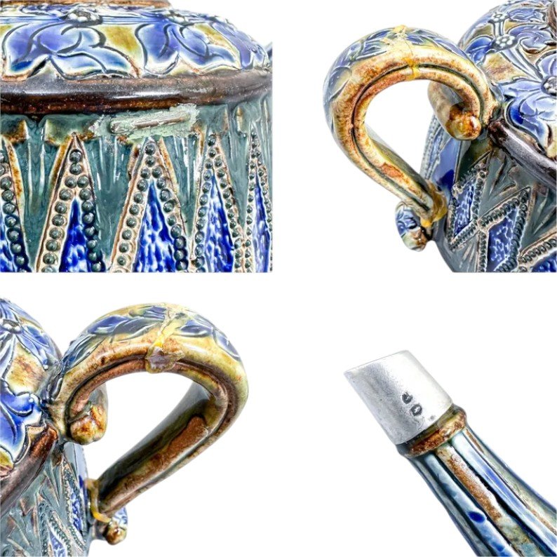 Doulton Lambeth Stoneware Teapot With Sterling Silver Mounts, Art Pottery Movement England 1880-photo-2
