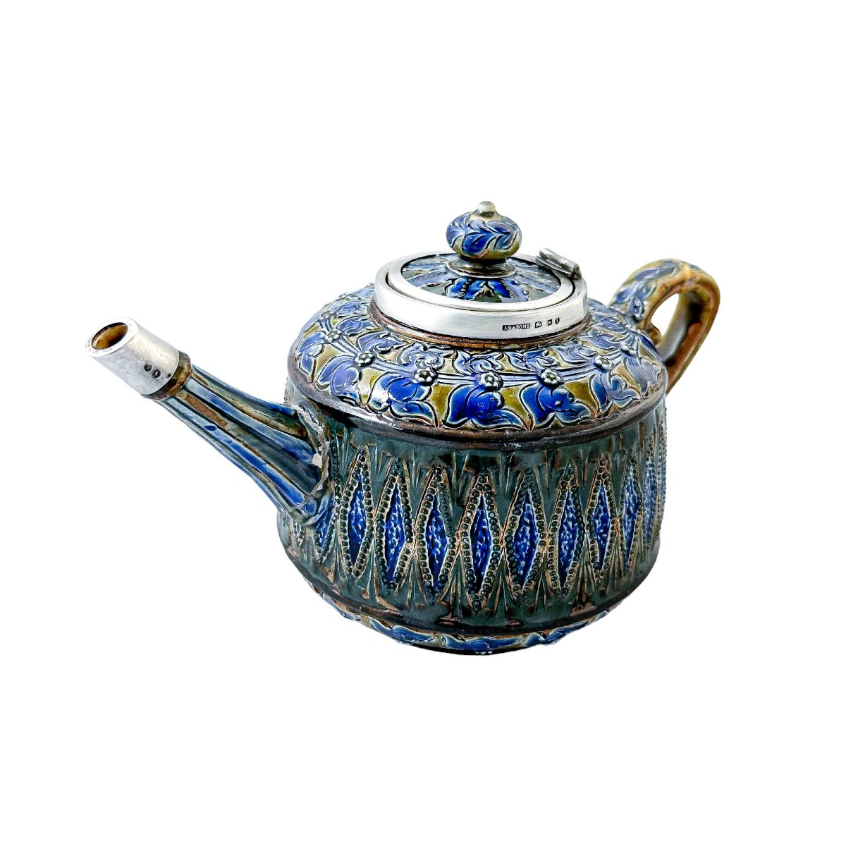 Doulton Lambeth Stoneware Teapot With Sterling Silver Mounts, Art Pottery Movement England 1880-photo-4