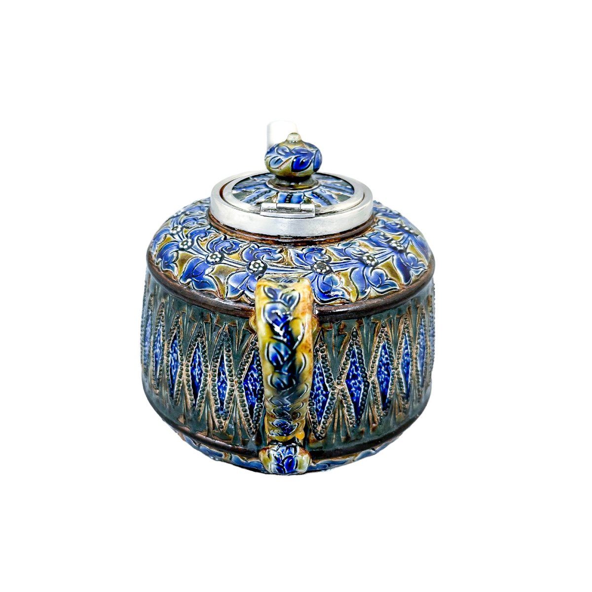 Doulton Lambeth Stoneware Teapot With Sterling Silver Mounts, Art Pottery Movement England 1880-photo-6