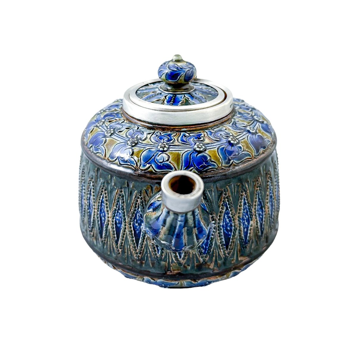 Doulton Lambeth Stoneware Teapot With Sterling Silver Mounts, Art Pottery Movement England 1880-photo-7
