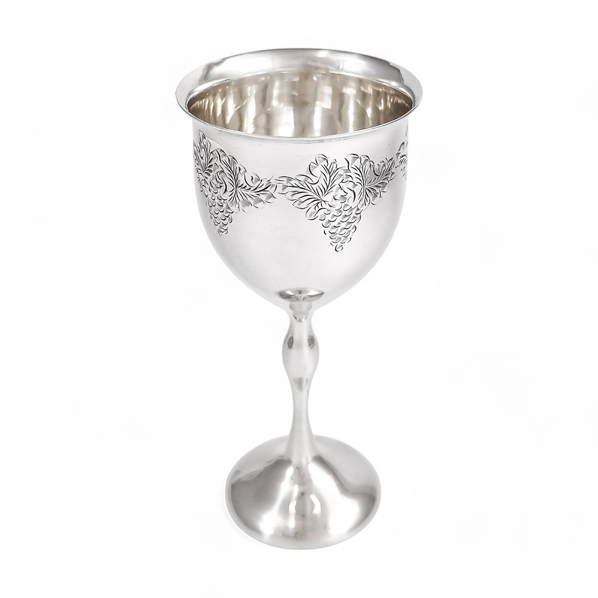 Large Sterling Silver Kiddush Cup Finely Engraved With Grapevine Motifs, Dated 1969