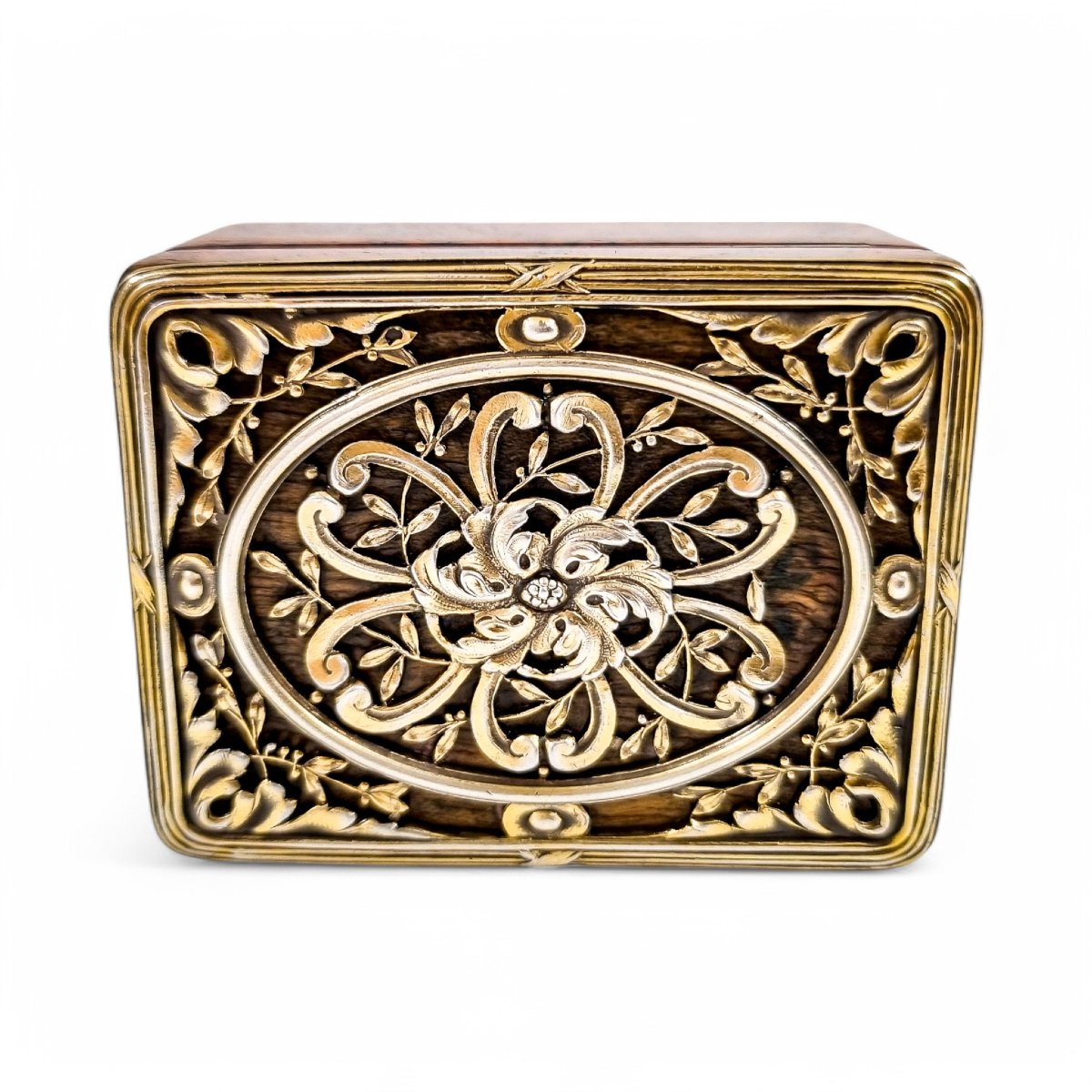 Boîte à timbres ancienne en loupe de noyer avec couvercle ajouré en argent doré Belle Époque-photo-2