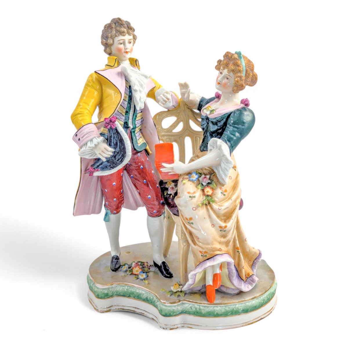 Figurine En Porcelaine Sitzendorf, Couple En Cour, Peinte à La Main, Allemagne, Fin Du 19e Sièc-photo-1